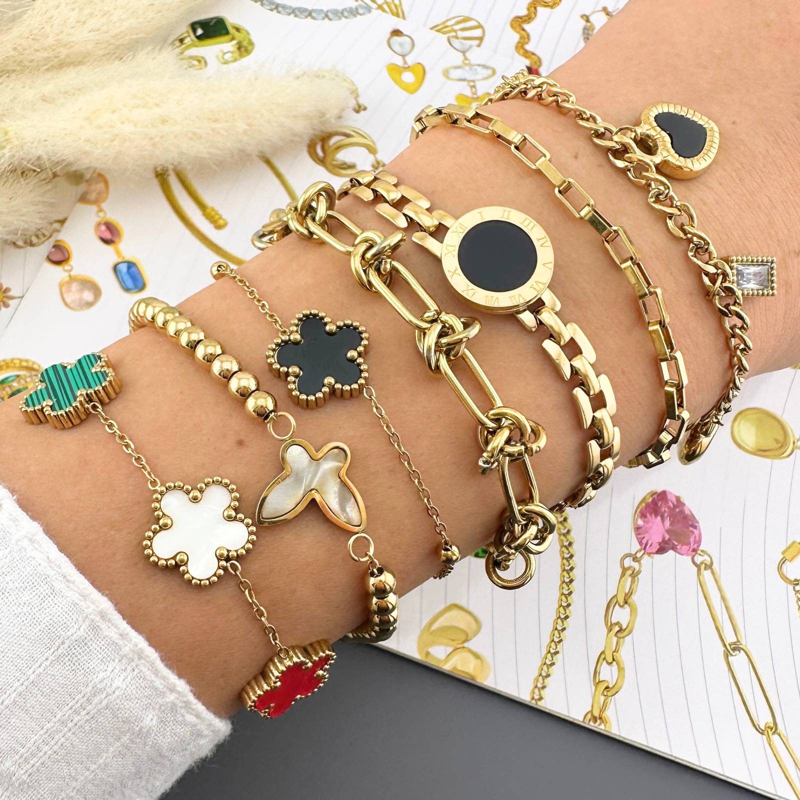 Flowers Bracelet, 18K Gold Plated Steel
