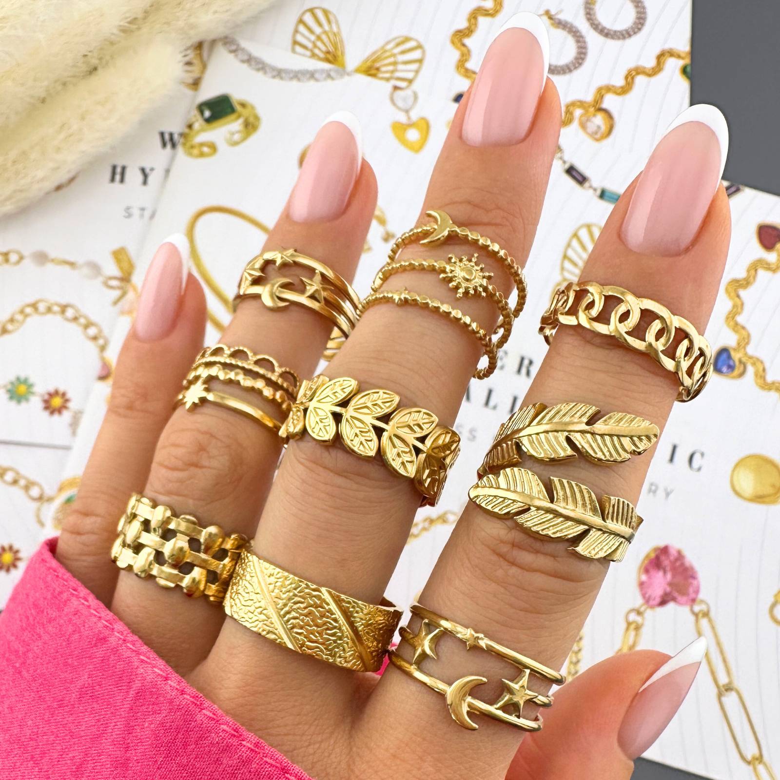 Crescent And Star Ring, 18K Gold Plated Steel