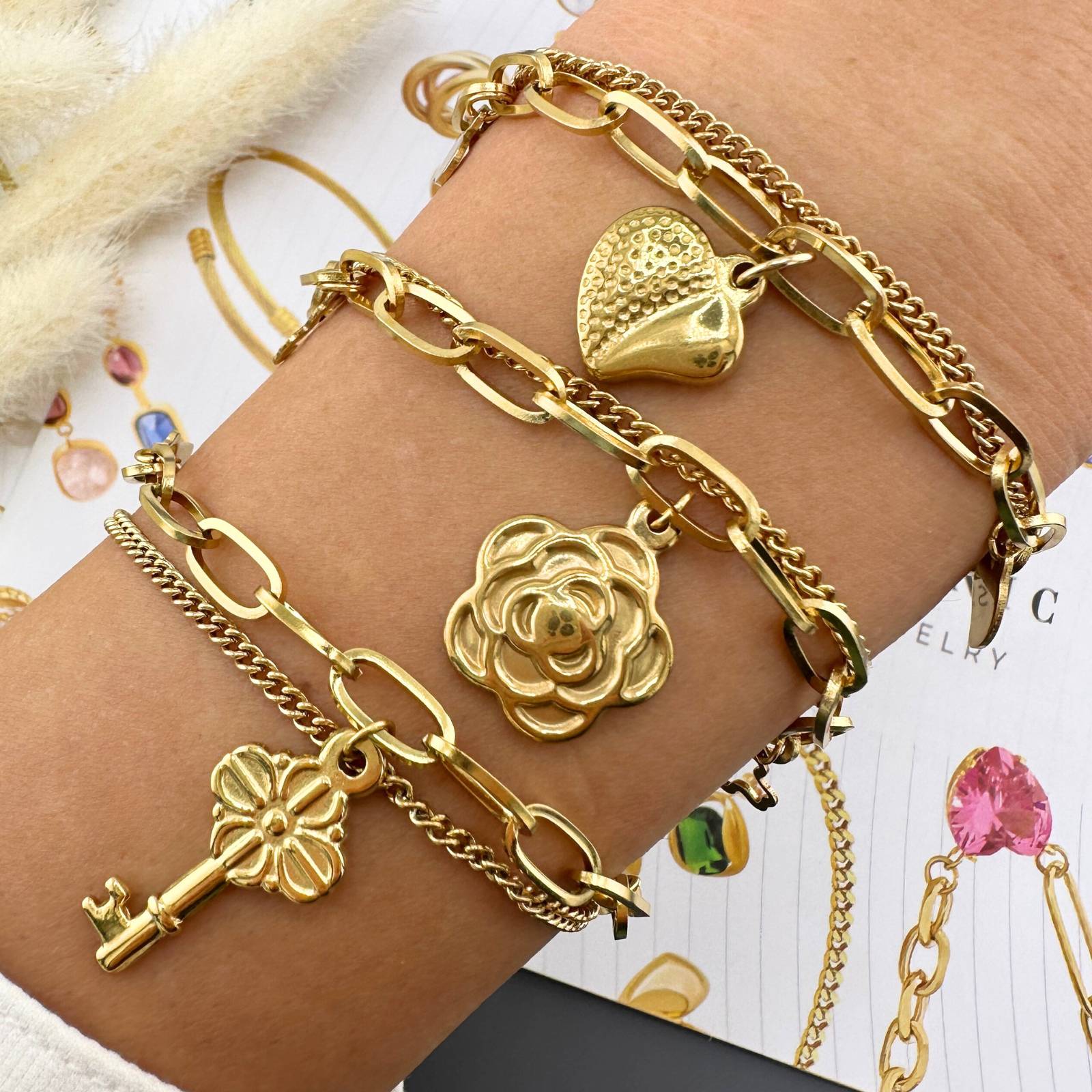 Flowers Bracelet, 18K Gold Plated Steel