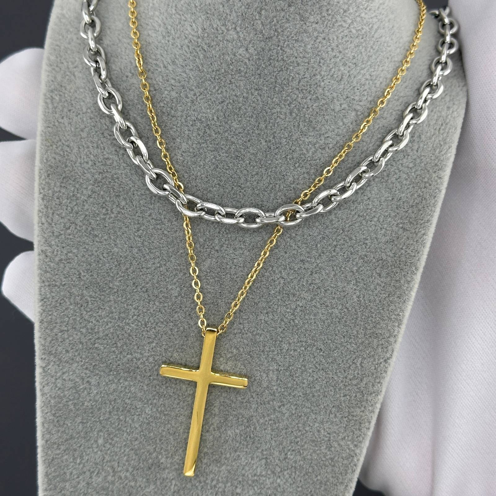 Crosses Necklace, 18K Gold Plated Steel