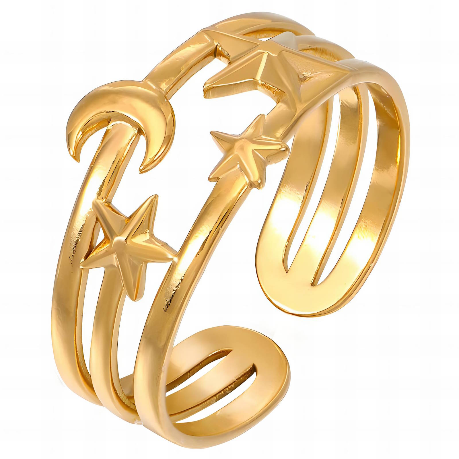 Crescent And Star Ring, 18K Gold Plated Steel