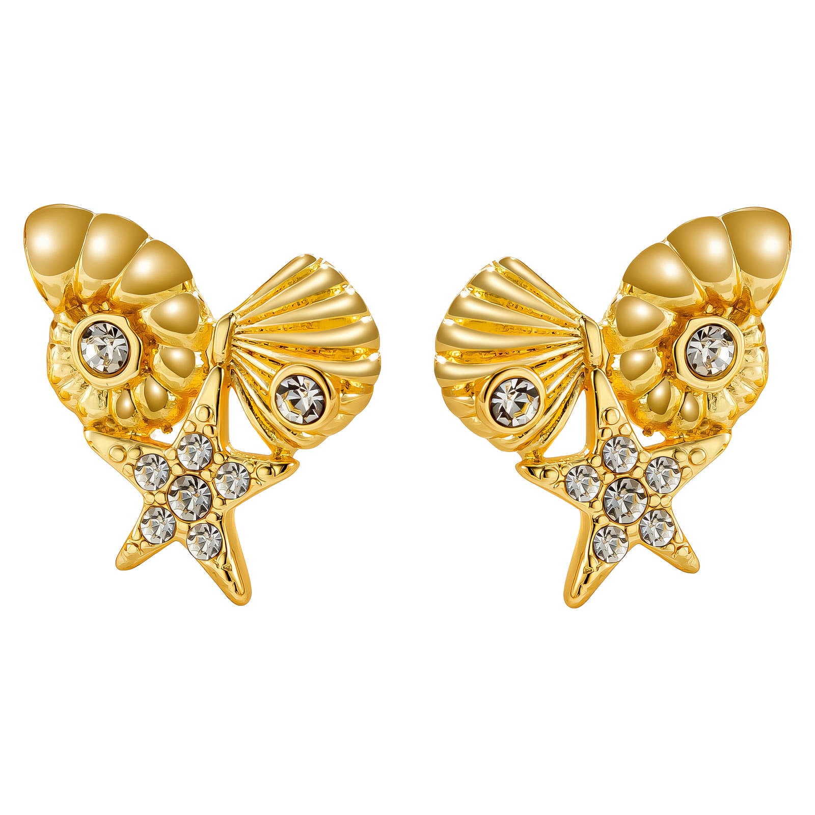 Starfish and Seashell Earrings, 18K Gold Plated Steel